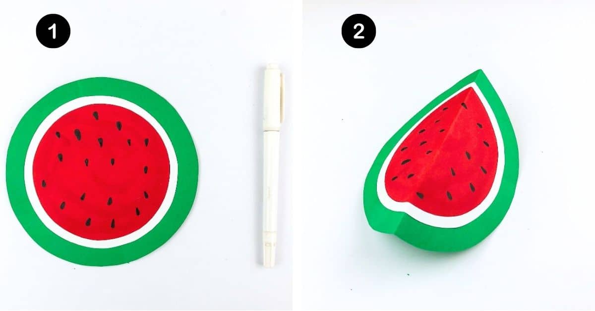 Black seeds made with marker on paper watermelon craft with folded version.