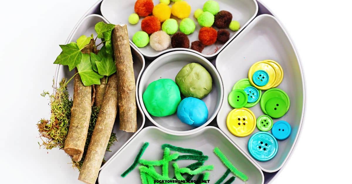 Playdough turtle activity tray with twigs, leaves, moss, pom poms, buttons, pipe cleaners, and playdough.