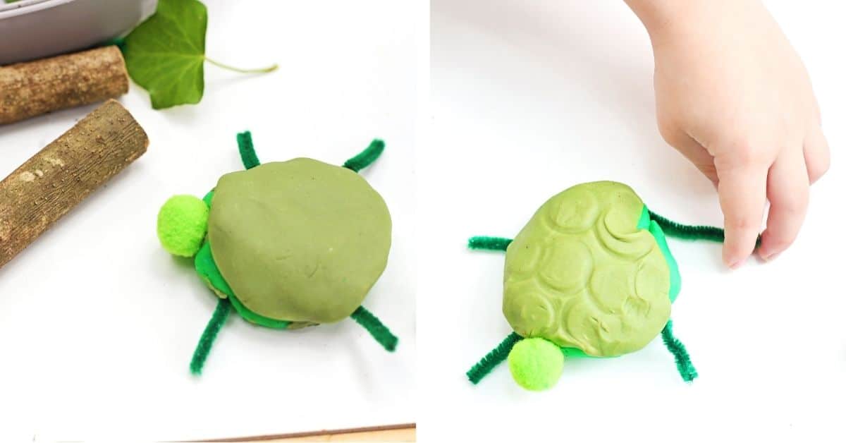 Examples of playdough turtle activities with child adding pipe cleaner leg.