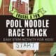 Green pool noodle, craft knife, scissors, paper straw, tape, and white paper and boys using marbles on DIY pool noodle race track.
