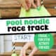 Green pool noodle, craft knife, scissors, paper straw, tape, and white paper and boys using toy car and marbles on DIY pool noodle race track.