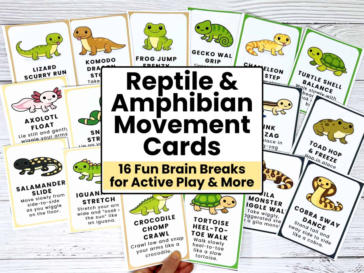 16 printable reptile and amphibian movement cards for kids.
