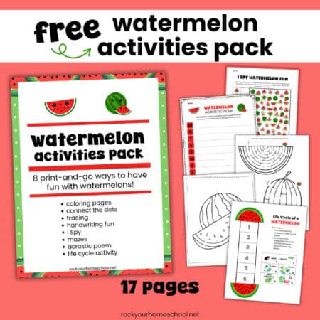 Watermelon activities pack cover with I Spy, acrostic poem, mazes, coloring pages, and life cycle of a watermelon foldable activity.