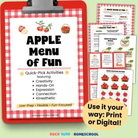 Apple Menu of Fun cover on clipboard with examples of printables like Apple Orchard Movement cards, Apple Table Talk Cards, and Apple Emotions Sorting.