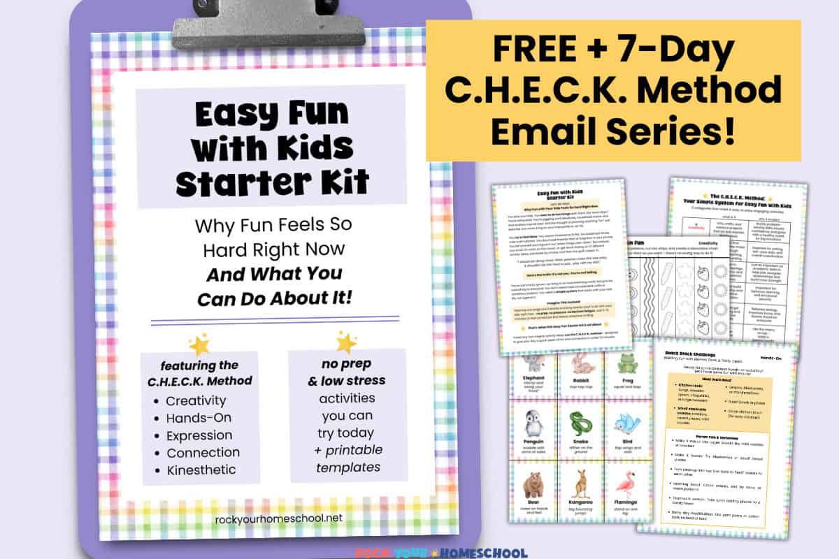 Easy Fun with Kids Starter Kit cover on purple clipboard with examples of printable activities.