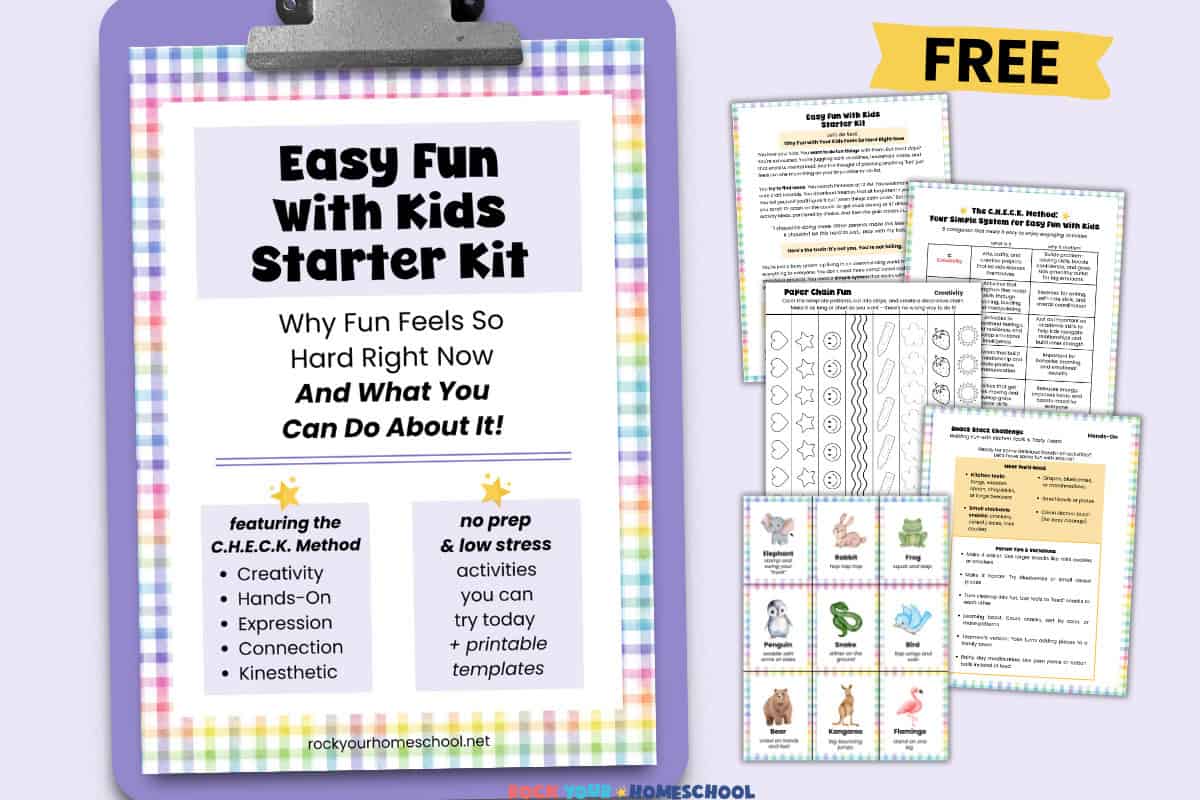 Easy Fun with Kids Starter Kit cover on purple clipboard with example pages.