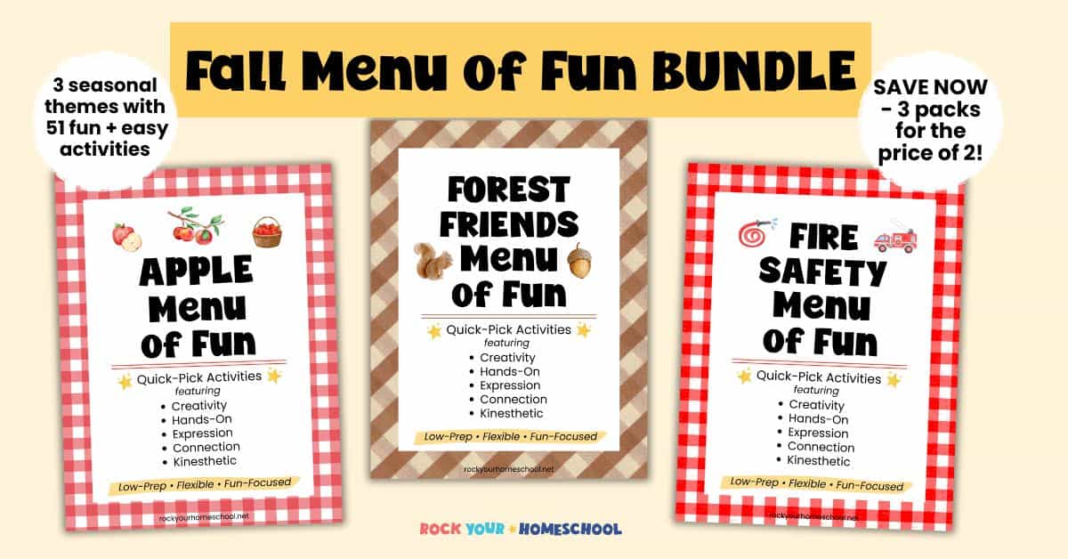 Fall Menu of Fun Bundle with 3 covers of Apple, Fire Safety, and Forest Friends.
