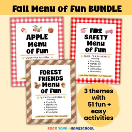 Fall Menu of Fun Bundle with 3 covers of Apple, Fire Safety, and Forest Friends.