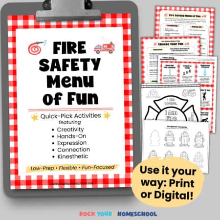 Fire Safety Menu of Fun cover on gray clipboard with examples of printable activities.