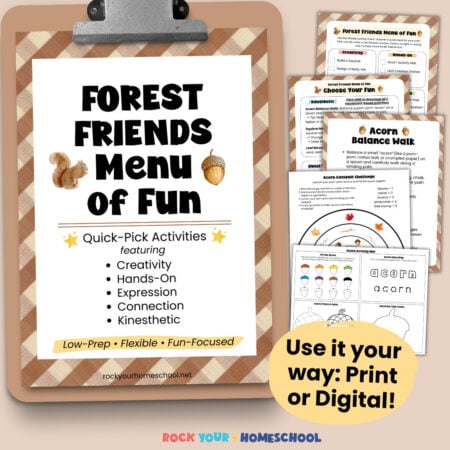 Forest Friends Menu of Fun cover on brown clipboard with example of printable activities like Acorn Balance and Acorn Target and Acorn Activity Mat.