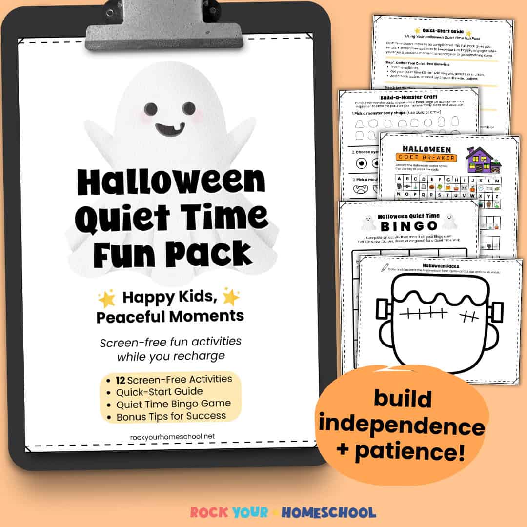 Cover of Halloween Quiet Time Fun Pack on black clipboard with examples of printable activities.