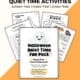 Halloween Quiet Time Fun Pack cover with examples of activities like Roll & Draw a Cute Ghost, Halloween Trace & Breathe, Halloween Quiet Time Bingo card for motivation, and Halloween code breaker.