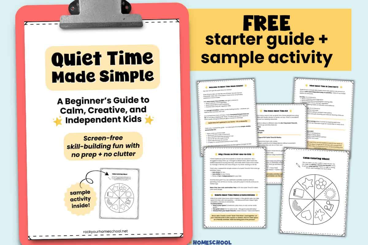 Quiet Time Made Simple beginner's guide cover on red clipboard with examples of printables.