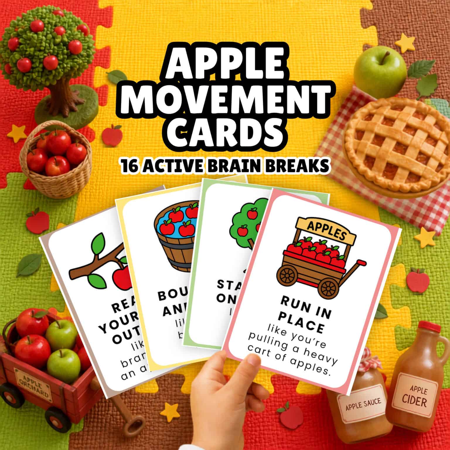 A child's hand holding apple movement cards for kids for creative ways to get up and move while practicing gross motor skills, balance, self-regulation, and more.