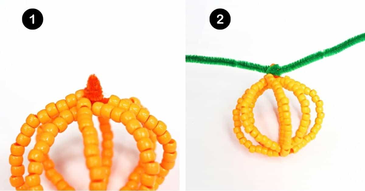 Orange pipe cleaners with orange pony beads gathered into circle with green pipe cleaner holding together at top.