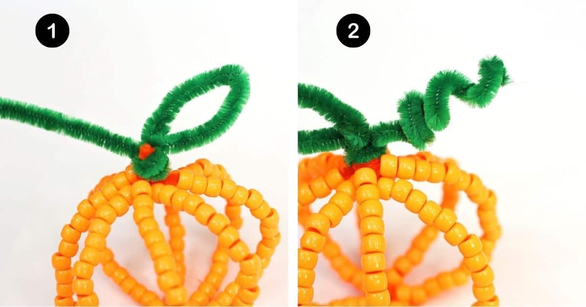 Green pipe cleaner on top of beaded pipe cleaner pumpkin crafts.