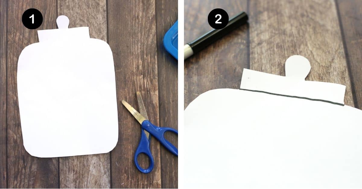 White paper cut out of cookie jar with scissors and black marker.