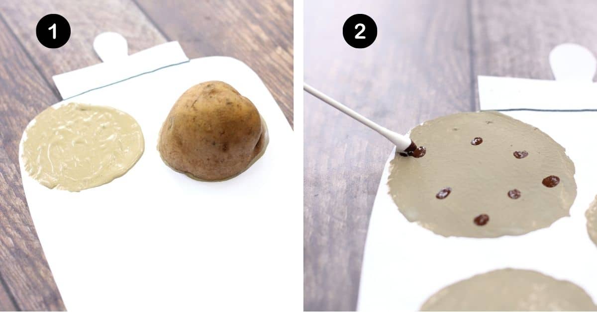 DIY potato stamp with tan paint and Q-tip with brown paint.