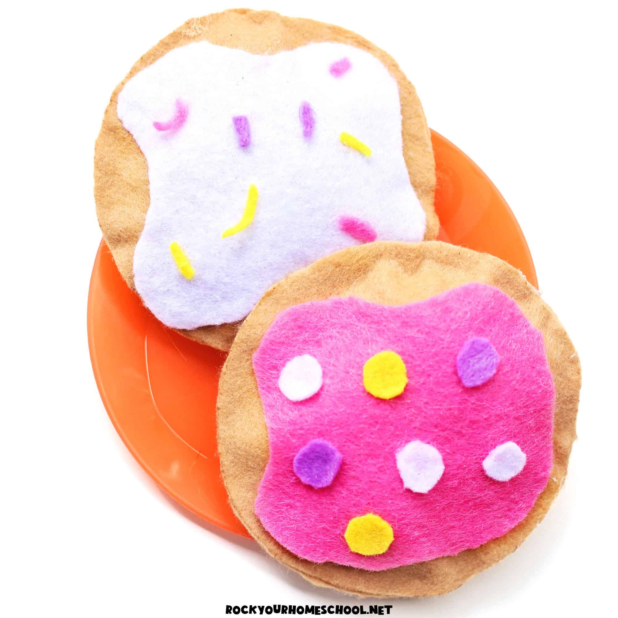 Two examples of felt cookies craft with frosting and sprinkles.