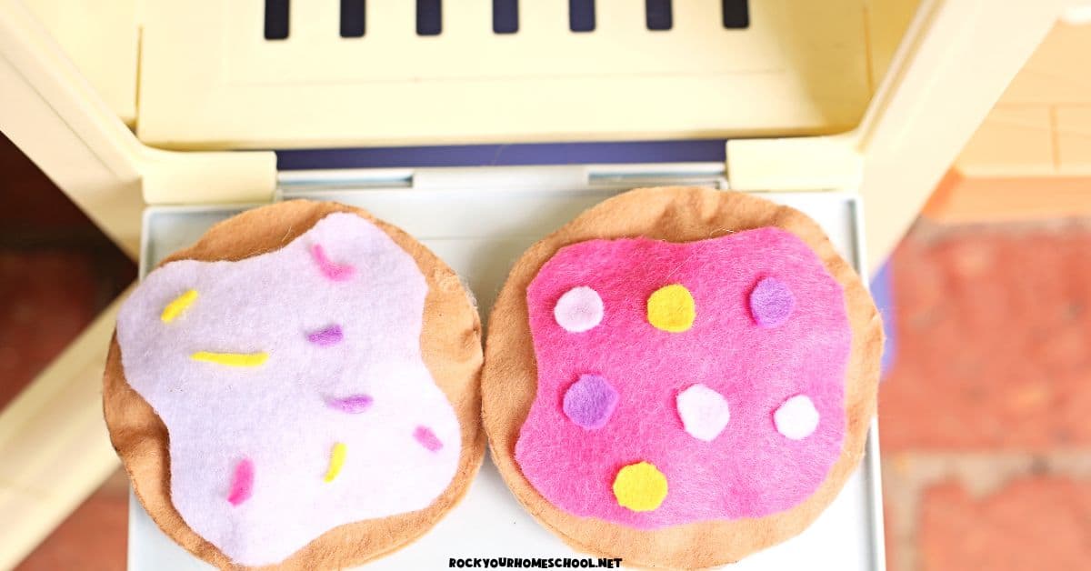 Examples of easy felt cookies on children's toy oven.