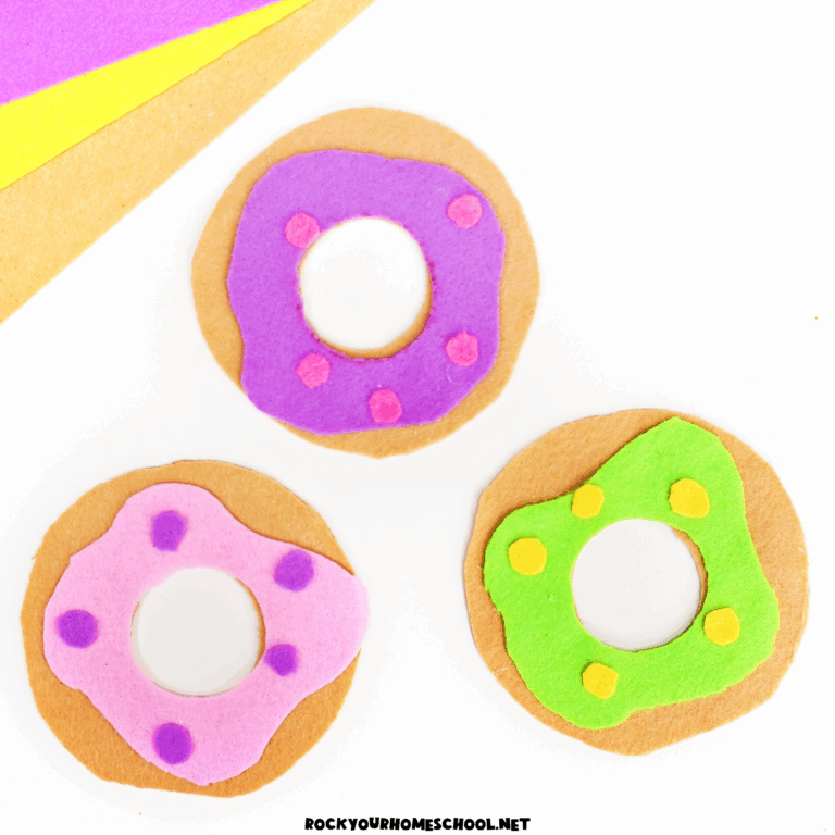 Three examples of felt donut crafts for kids.