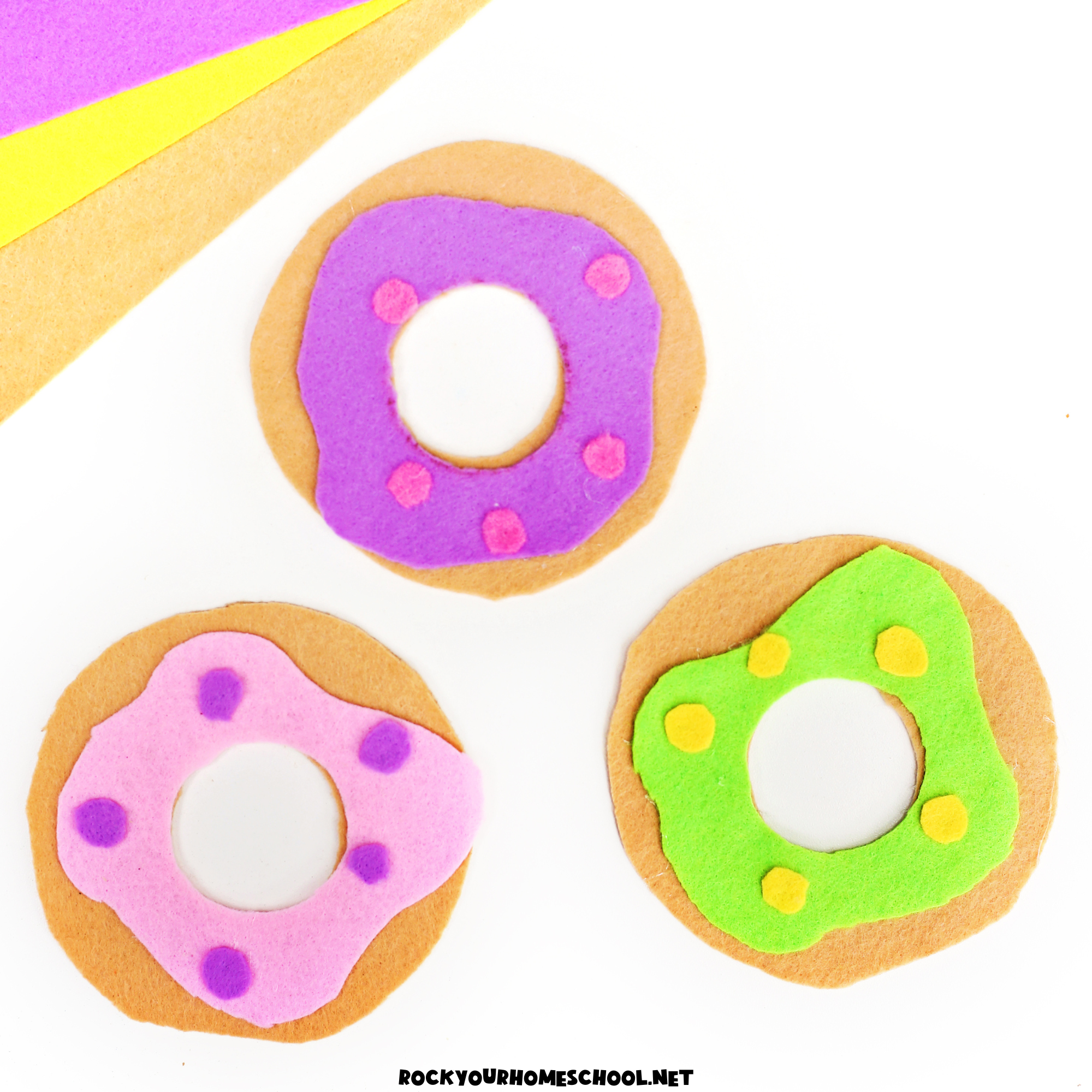 Three examples of felt donut crafts for kids.