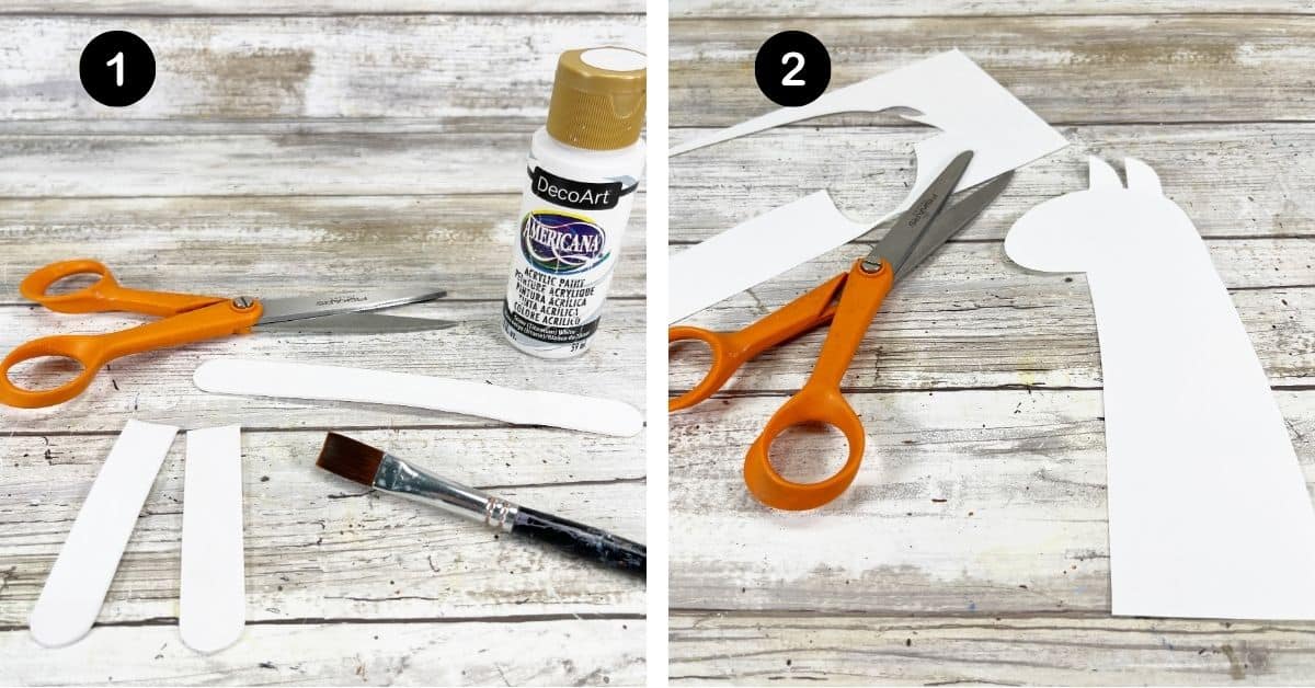 Large wood craft sticks with white paint and paint brush and scissors and llama template cut out.