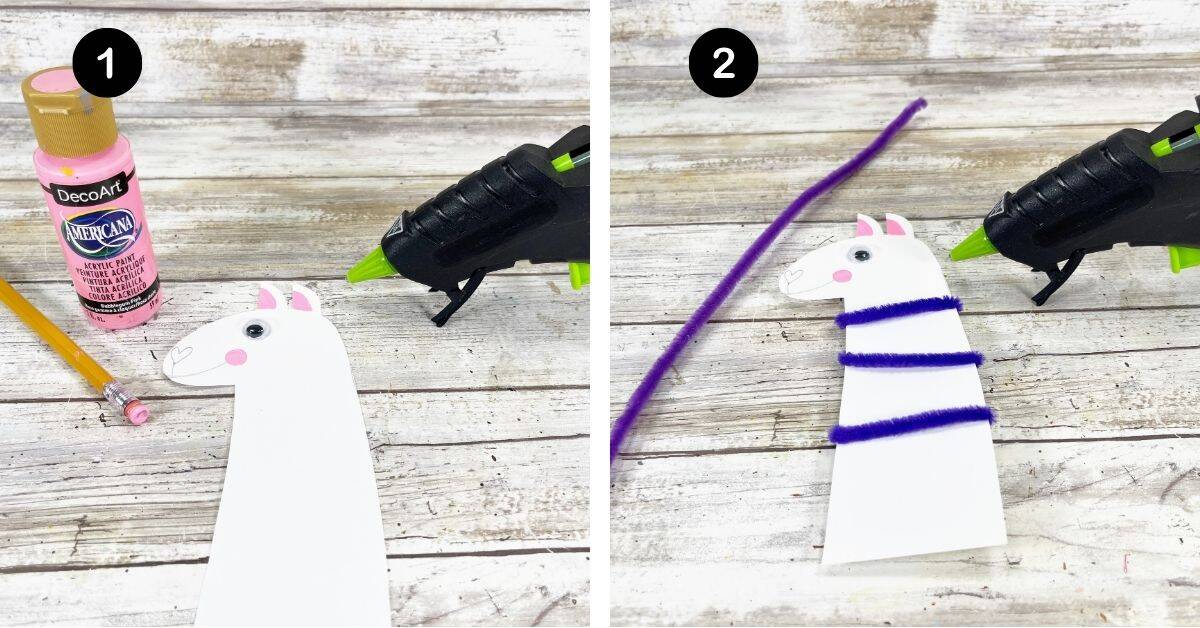 Llama cutout with pink paint and pencil eraser and glue gun and purple pipe cleaner.