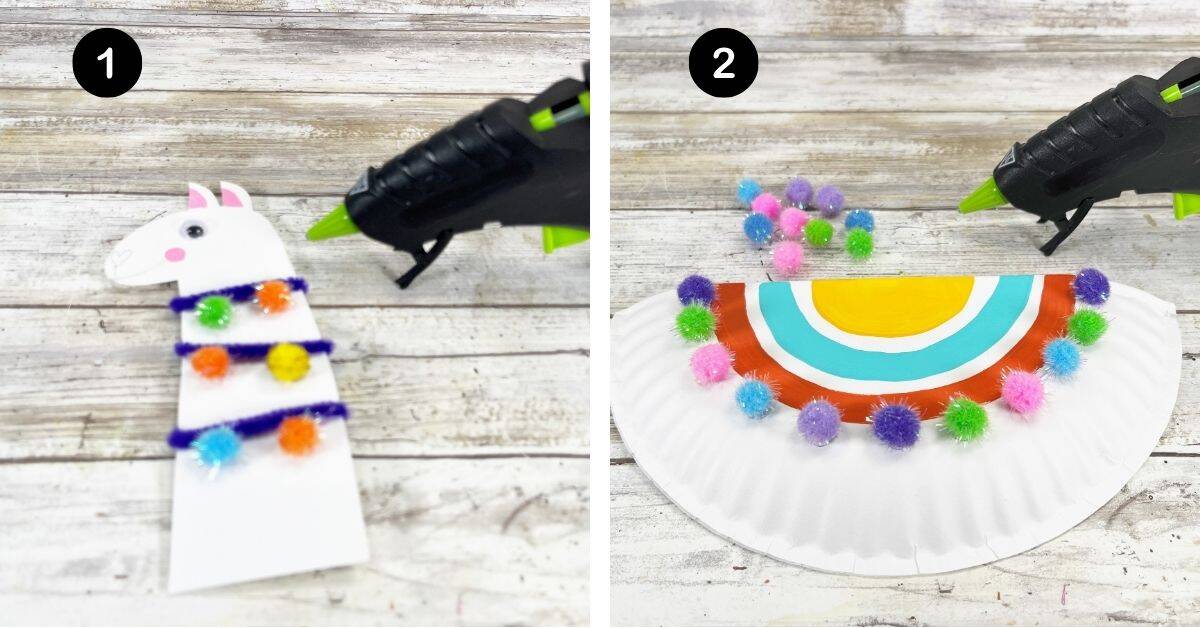 Hot glue gun and pom poms with googly eyes and llama head and half paper plate.