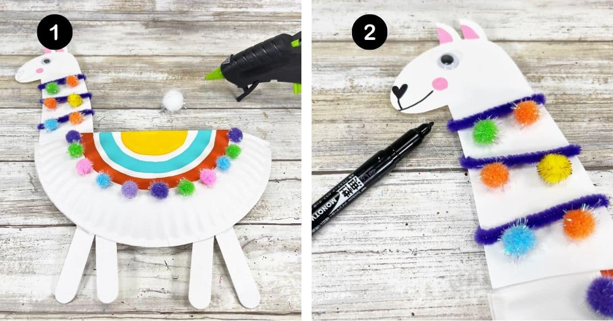 Paper plate llama craft with pom poms and black marker.