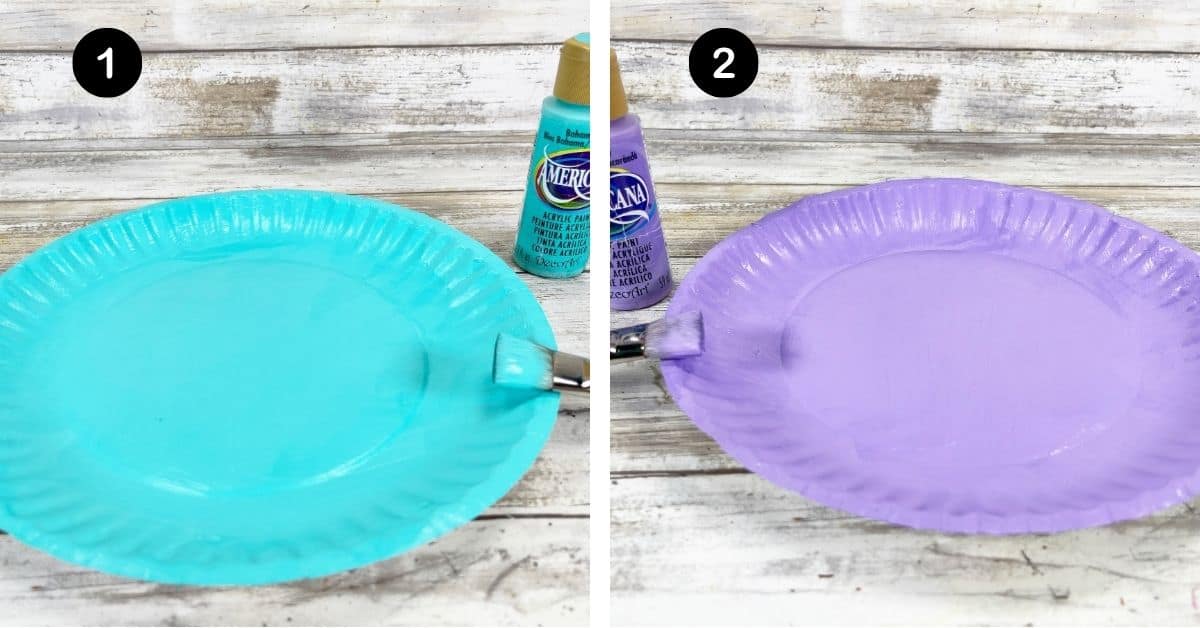 Paper plates painted light blue and purple for narwhal craft.