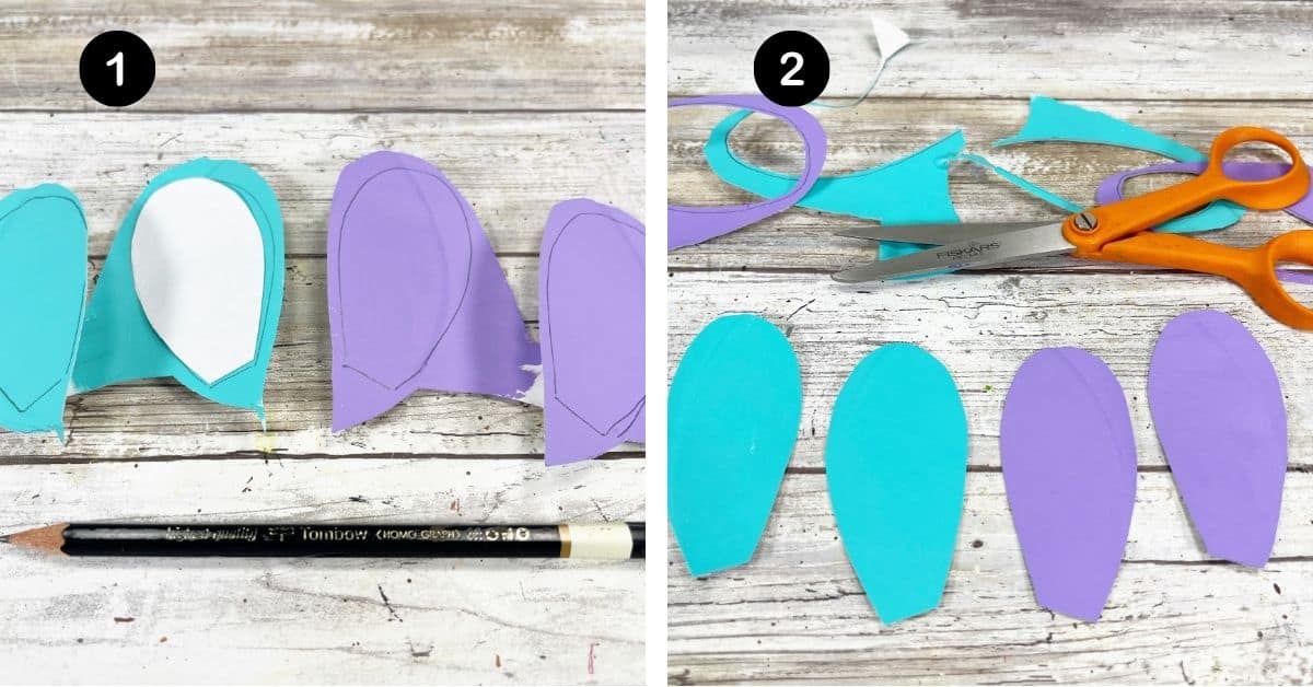 Cut out paper plate pieces painted aqua and purple with pencil and scissors for narwhal craft.