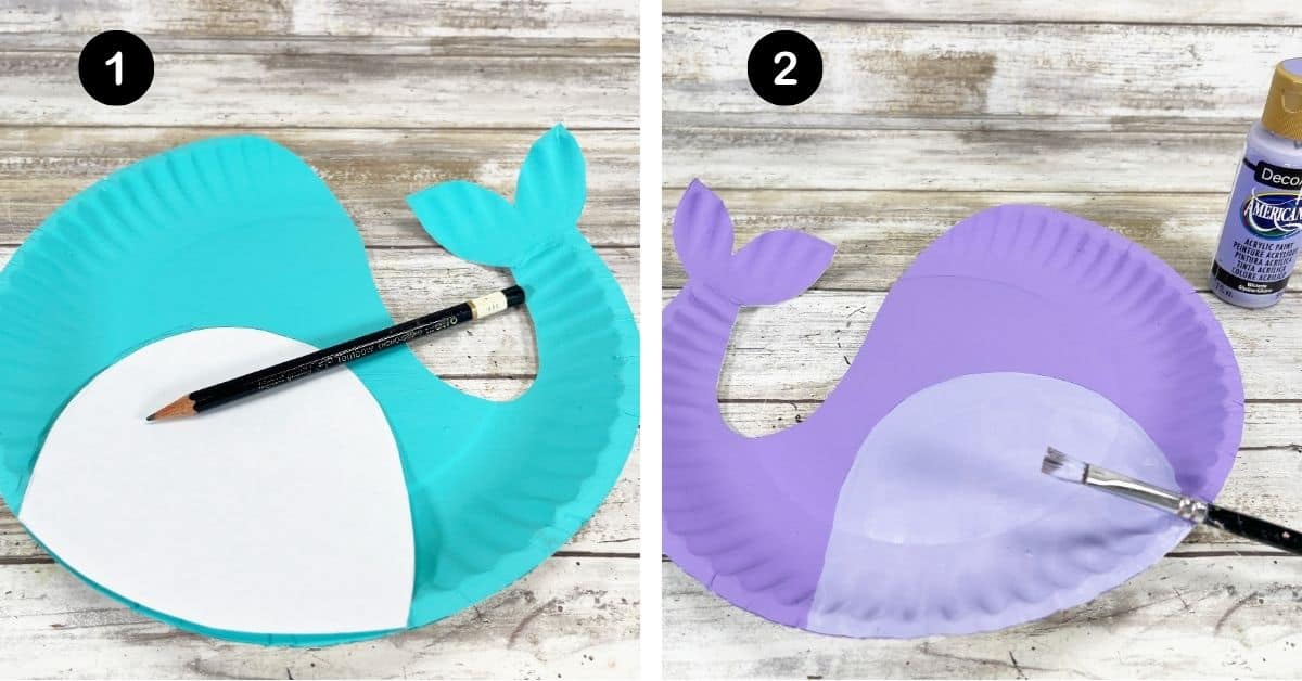 Paper plates painted aqua and purple with narwhal belly template and pencil.