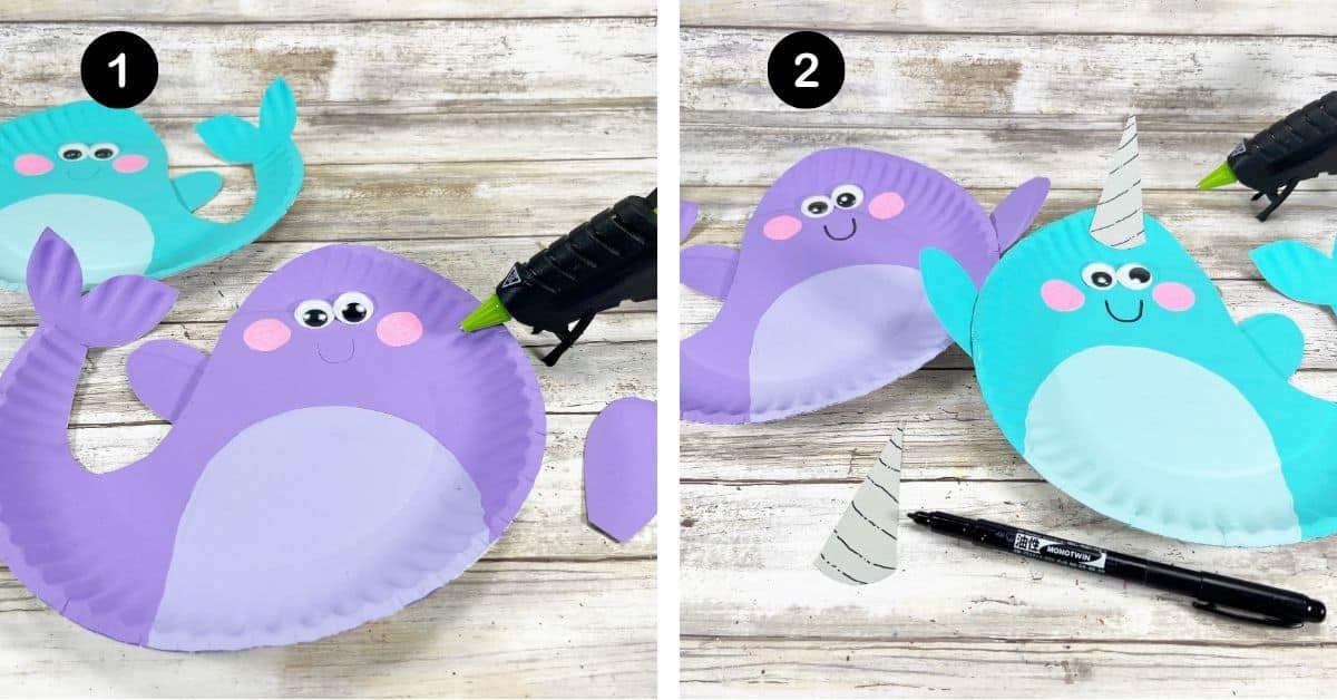 Examples of narwhal paper plate craft for kids with googly eyes and cardstock horns.