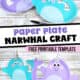 Examples of easy paper plate narwhal craft for kids in blue and purple.