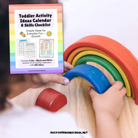 Toddler playing with rainbow wood blocks and cover of Toddler Activity Ideas and Skills Checklist set.