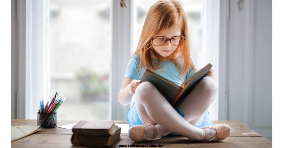 Girl reading book in front of window.