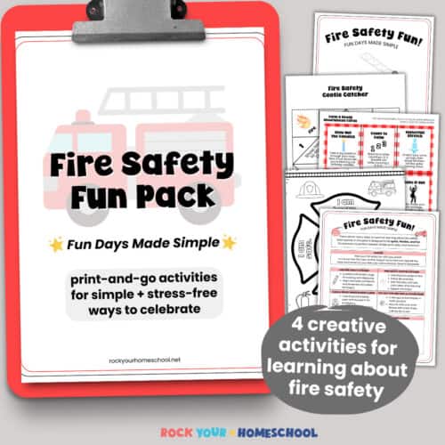 Fire Safety Fun Pack cover on red clipboard with examples of poster, cootie catcher, calming and mindfulness cards, affirmation coloring page, and dashboard.