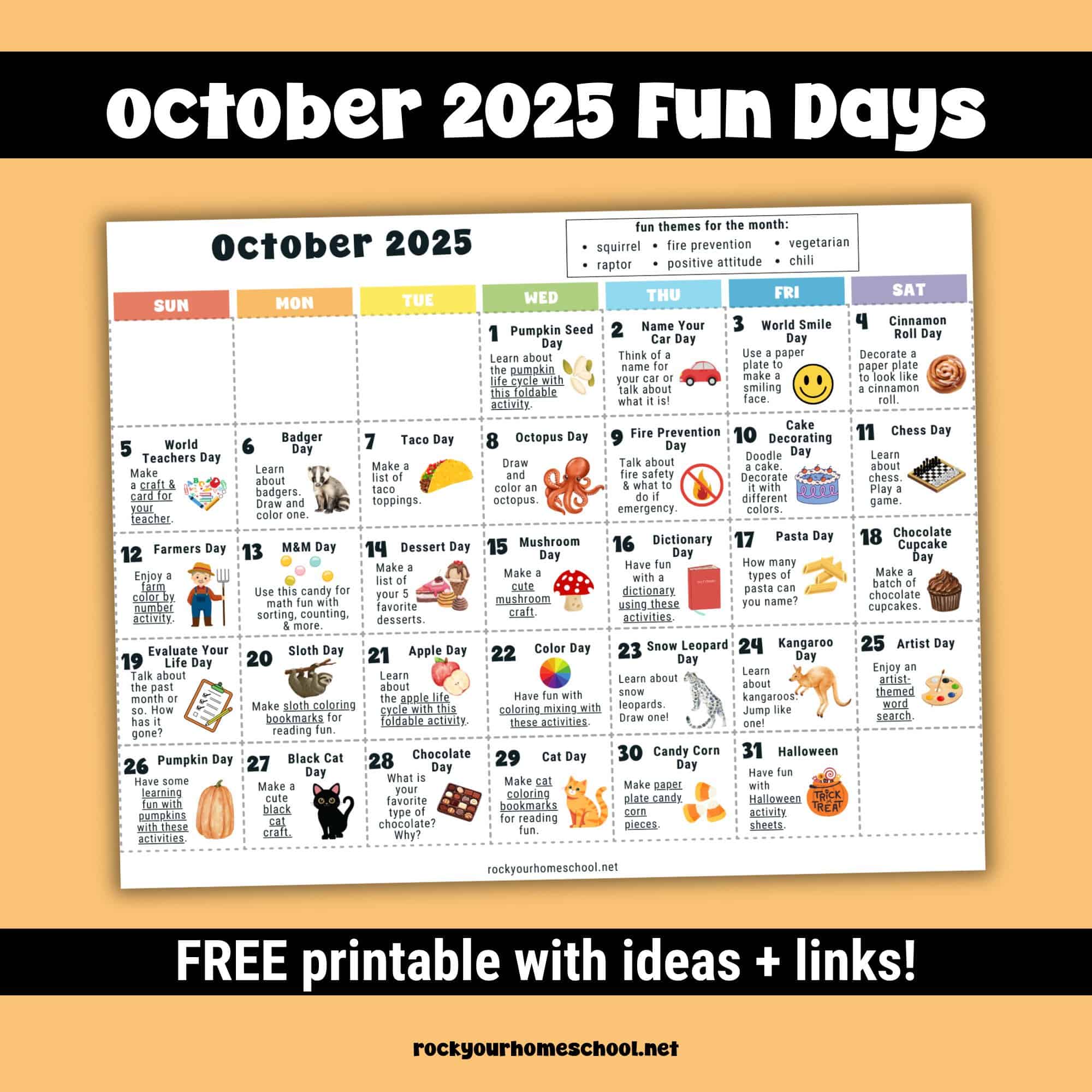 Example of free printable October 2025 Fun Days calendar in color.