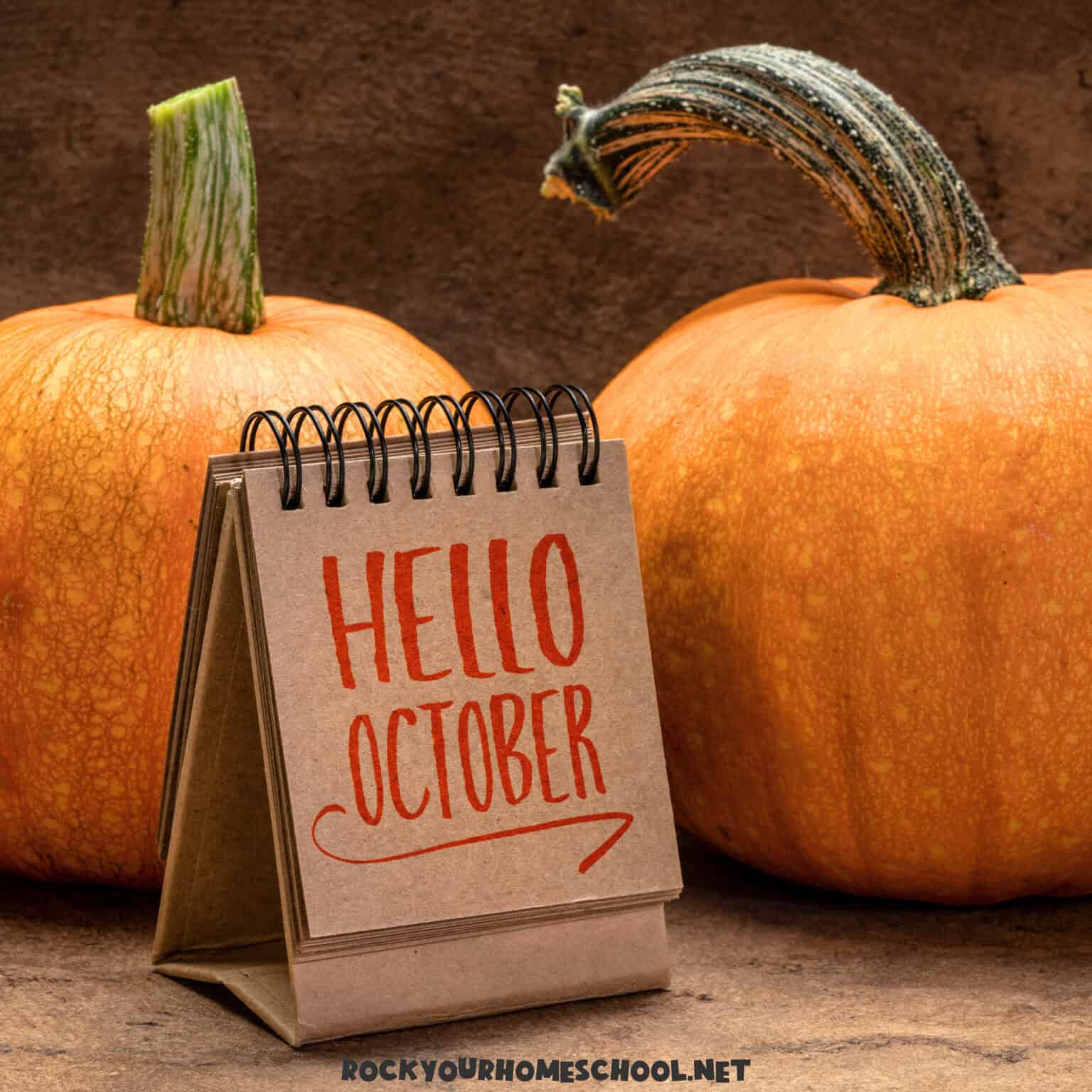 Two pumpkins with Hello October flip calendar to feature October homeschool ideas.