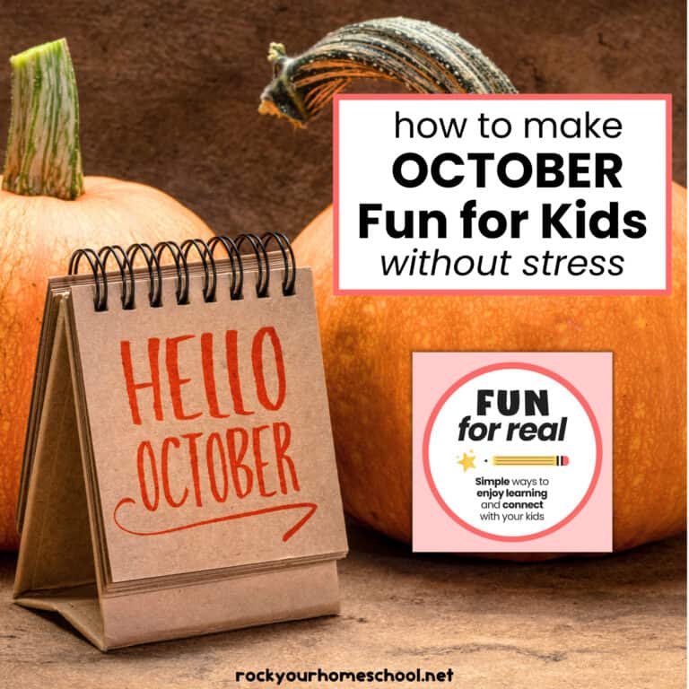 Pumpkins with Hello October sign to feature these October fun for kids podcast episode and pot.