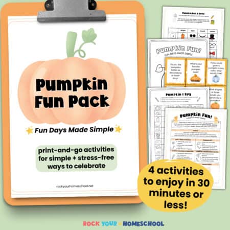 Pumpkin Fun Pack cover on orange clipboard with examples of printable activities as part of Fun Days Made Simple.