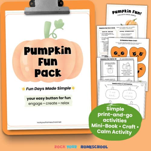 Pumpkin Fun Pack cover on orange clipboard with examples of printable activities as part of Fun Days Made Simple.