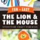 Paper, paints, paint brushes, black marker, wood craft sticks, glue stick, and scissors, child with gray paint on the thumbprint, and examples of The Lion and The Mouse puppets.