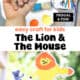 Paper, paints, paint brushes, black marker, wood craft sticks, glue stick, and scissors, child with gray paint on the thumbprint, and examples of The Lion and The Mouse puppets.