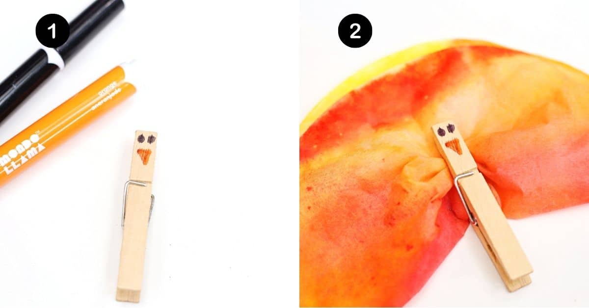 Wood clothespin with turkey face drawn on it and attached to orange, yellow, and red coffee filter.