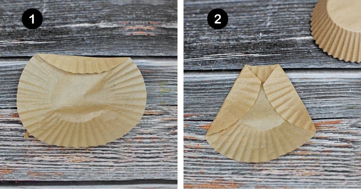 Brown cupcake liner with top folded down and then sides for owl body shape.