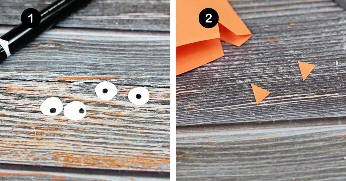 Four white paper circles with black dots for owl eyes and orange paper triangles.