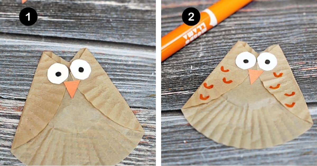 Cupcake liner owls with eyes and orange triangle beak and feathers drawn on with orange marker.