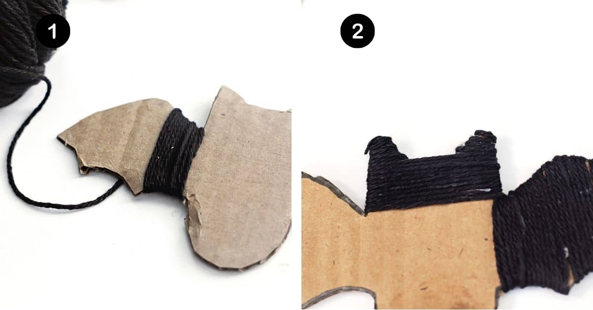 Cardboard bat with black yarn wrapped around wing and head.